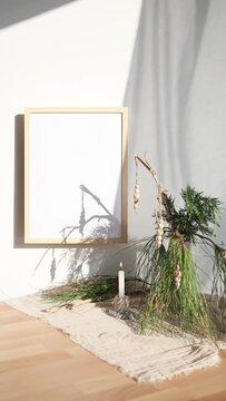 Video wooden photo frame mockup on wooden table with vase with christmas tree