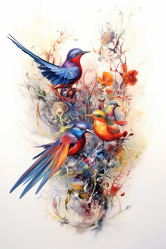 Painting in watercolor. Exotic birds and flowers. Beautiful illustration picture. Generative AI