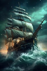 Fototapeta na wymiar Pirate ship is in the ocean during heavy storm, dramatic sky. Beautiful illustration picture. Generative AI