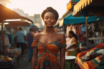 Obraz premium Young black woman in dressing is on the market. Beautiful illustration picture. Generative AI