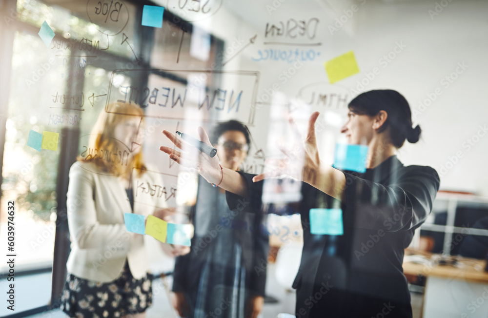 Aufkleber women, teamwork and pointing to notes on glass for schedule, mindmap and planning goals, agenda or o