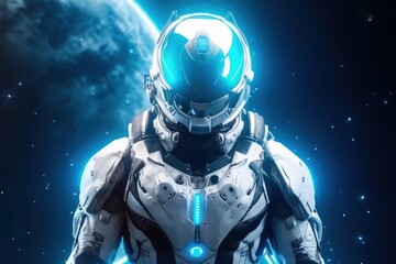 Fototapeta premium Space suit in the space against blue planet. Beautiful illustration picture. Generative AI