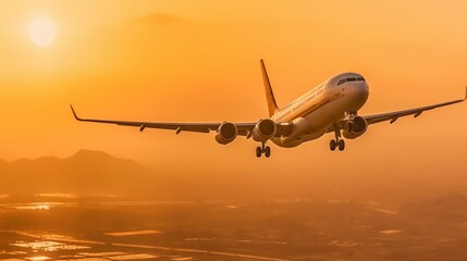Naklejka na ściany i meble The plane fly toward the setting sun. Beautiful illustration picture. Generative AI