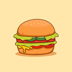 beef meat with melting cheese and green lettuce burger illustration vector, cartoon big burger illustration