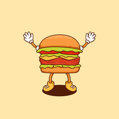happy burger cartoon illustration, retro burger cartoon mascot vector illustration in happy jumping pose