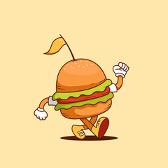 walking burger cartoon illustration, retro burger cartoon mascot vector illustration in walk pose happily