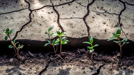 World Environment Day. Abstract image of seedlings sprouting from cracked concrete or barren soil, symbolizing the resilience of nature. Generative ai