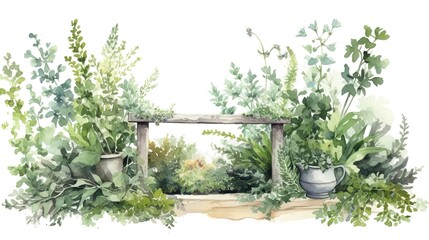Fototapeta na wymiar Watercolor illustration of a frame decorated with fresh herbs in a garden. generative ai