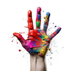 Hand with rgb color paint explosion onto hand, white background