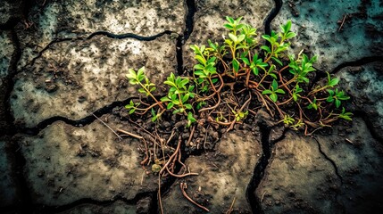 World Environment Day. Abstract image of seedlings sprouting from cracked concrete or barren soil, symbolizing the resilience of nature. Generative ai