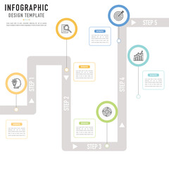 Circular roadmap infographic template or element with 5 step, process, option, colorful circle, icons, road, street, pin, rectangle, label, tag for sale slide, flowchart, workflow, milestone, brochure