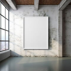 Picture frame, thin white steel frame, front view, blank canvas, white background