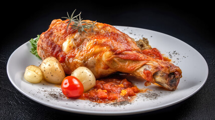 Fototapeta premium Grilled Chicken legs In dish with vegetables served on the table. Still life, space for textю Generative AI
