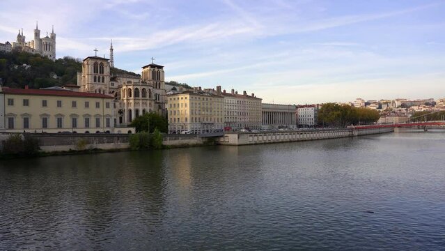 Lyon France, panning shot showing the old town and river.