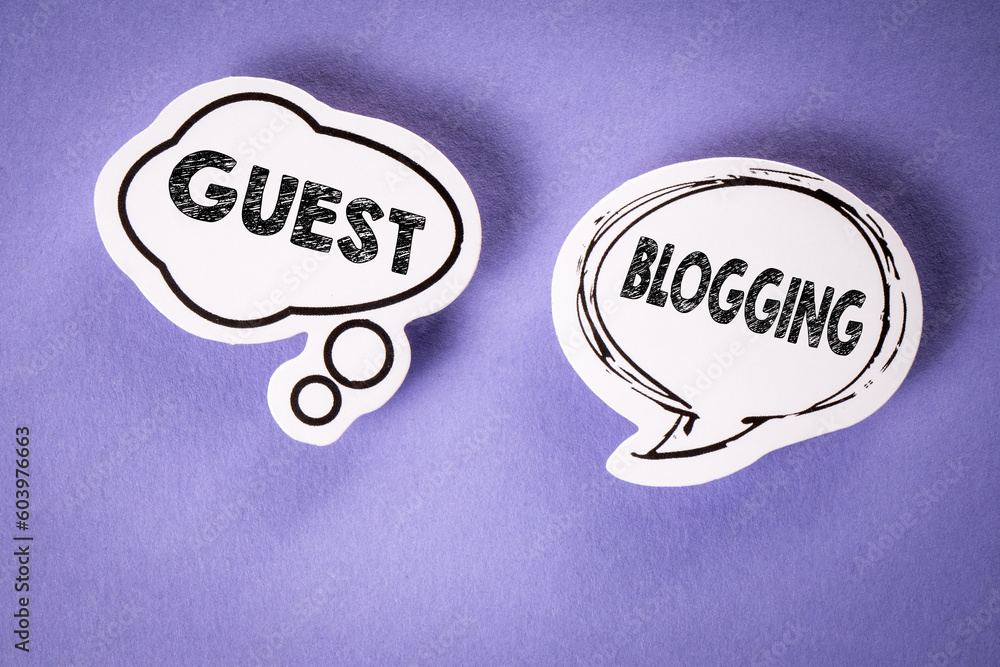 Wall mural guest blogging. two speech bubbles with text on a violet background