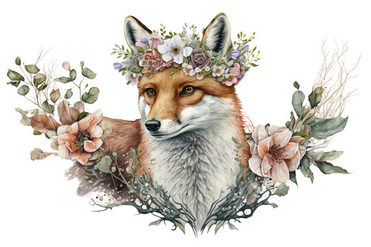 red fox cute feminine in flower floral frame abstract watercolor illustration painting drawing in pastel colors for poster sticker wall art design. generative ai