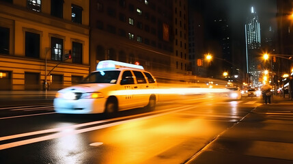 white taxi car moving fast on night american city downtown district with motion blur. Neural network generated in May 2023. Not based on any actual person, scene or pattern. Generative AI