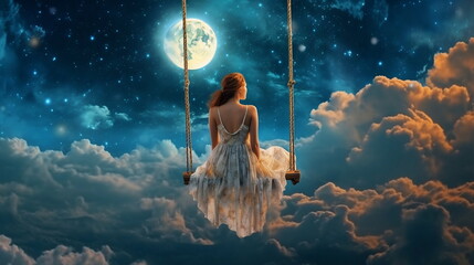  woman on white dress sits on a swing night starry sky and moon ,generated ai