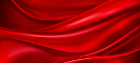 Fototapeta na wymiar Realistic red silk top view vector background. Elegant and soft royal backdrop of shine flowing surface. Red luxurious background design. Vector illustration
