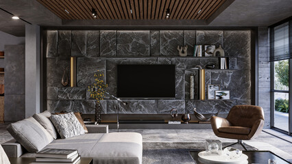 Mountain Rock Wall in modern living room interior. Natural indoor stone wall and furniutre, 3d rendering 