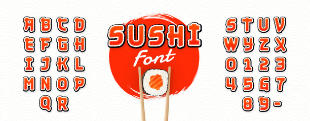 Sushi font. Letters and number in the form sushi, rolls. Font for sushi bar. Alphabet and number Japanese style. Salmon texture. Vector Illustration