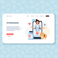 Vector web banner of a veterinary clinic and a pattern with bones for dogs. A female veterinarian consults a dog online. Animal hospital. Modern medical technologies, online call, mobile application