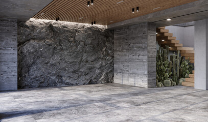 Mountain Rock Wall in modern apartment. Stone feature walls, 3d rendering 