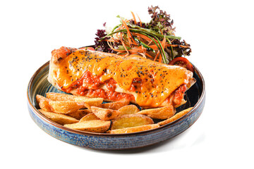 Enchilada with meat, apple slice potatoes and some green salad