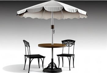 Cafe table with chair and parasol umbrella isolated on white background. Generative AI.