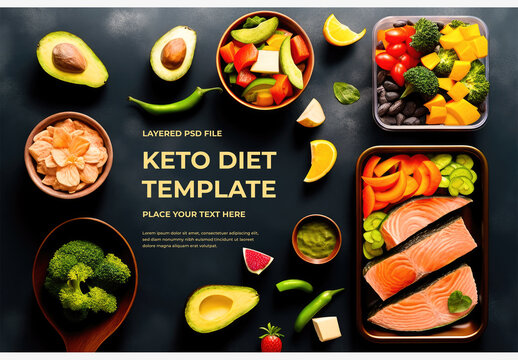 Delicious Food and Fresh Produce on Table with Bowls and Spoons on Black and Blue Backgrounds - Healthy Eating and Recipe Inspiration Keto Diet, Zero Carbs, Mockup, Template, Generative AI