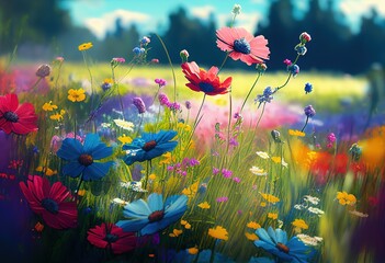 Fototapeta na wymiar Colorful flower meadow in spring or summer. Generative AI.
