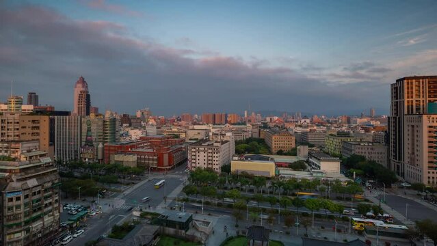 TAIWAN, TAIPEI - MAY, 2023: Timelapse downtown street view footage of Taipei city centre. Business and residential buildings in central district.