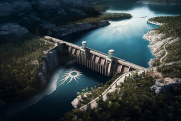 Obraz na płótnie Canvas Aerial View of Hydroelectric Dam. AI