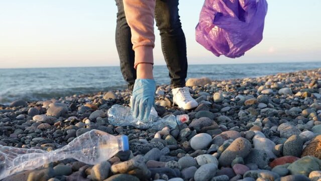 Volunteer collects plastic waste on the beach, woman clean up seashore, eco and Environment