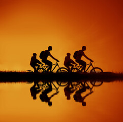 Fototapeta na wymiar four 4 bikers - men and girls. couple of black silhouette of fathers and daughters in sunrise isolated on yellow sky background. empty Space for inscription. fresh grass. reflection on water of sea.