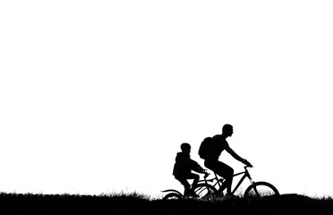 Obraz premium two biker - man and girl. couple of black silhouette of father and daughter in sunrise isolated on white background. empty Space for inscription. fresh grass. illustration.