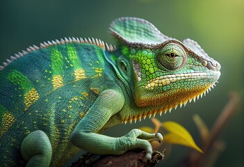 Fototapeta premium Green colored chameleon close up. Generative AI.