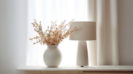 Interior design in the minimalism style with a floral arrangement in a ceramic vase and a white metal table light. GENERATE AI