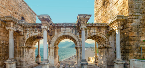 Welcome to the magnificent Antalya concept. Collage of famous landmarks: Hadrian's Gate old town...