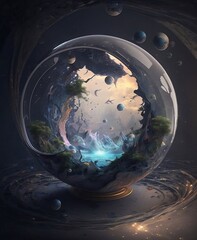 World Forming Inside a сrystal sphere. Miniature Universe with Stars, Galaxies, Planets, Nebulae. Creation, Innovation, Big Bang Concept. Science Fiction, Fantasy. AI Generated