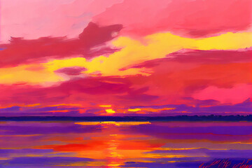Fototapeta premium A serene illustration capturing the beauty of a sunset over a lake, featuring a mesmerizing display of vibrant shades of orange, pink, and purple in the sky, generative ai