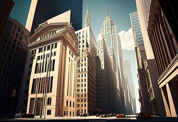 Modern office buildings near Wall Street New York. Business street. Generative AI.