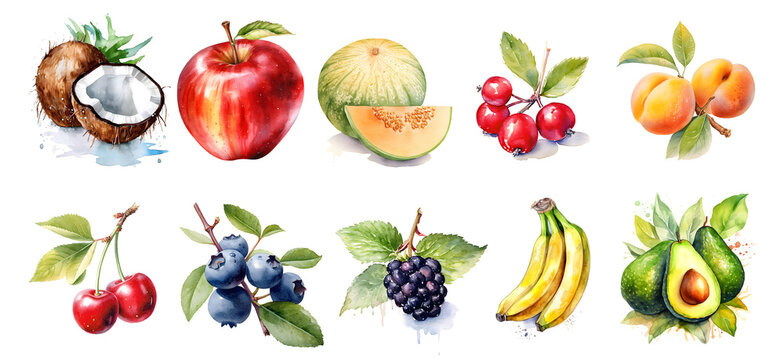 watercolor set of fruits with transparent background, generated ai