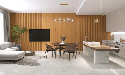 Living room with sofa on rug, dining table, island, beige kitchen counter, cabinet, cupboard on polished cement floor, wood panelling wall. Luxury interior decoration product display background 3D