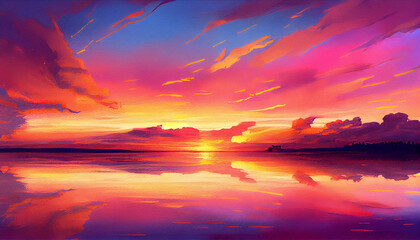 A serene illustration capturing the beauty of a sunset over a lake, featuring a mesmerizing display of vibrant shades of orange, pink, and purple in the sky, generative ai