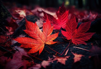 Red autumn maple leaves laying on the forest ground. Generative AI.