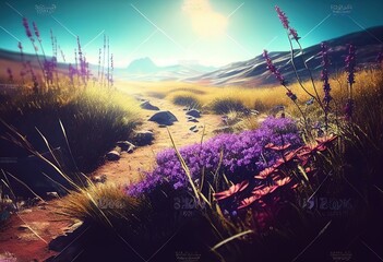 Summer landscape with purple wildflowers and grass. Generative AI.