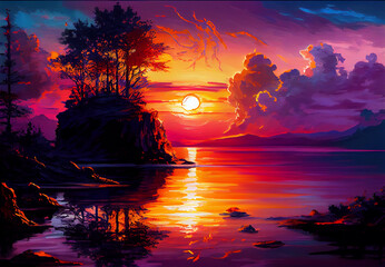 Fototapeta na wymiar A serene illustration capturing the beauty of a sunset over a lake, featuring a mesmerizing display of vibrant shades of orange, pink, and purple in the sky, generative ai
