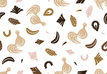 Seamless beige pattern with abstract shapes, cut out scissors and cockerels. Poster, wallpaper, fabric, packaging and corporate identity in modern collage style.