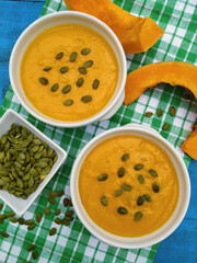 Pumpkin soup with seeds.